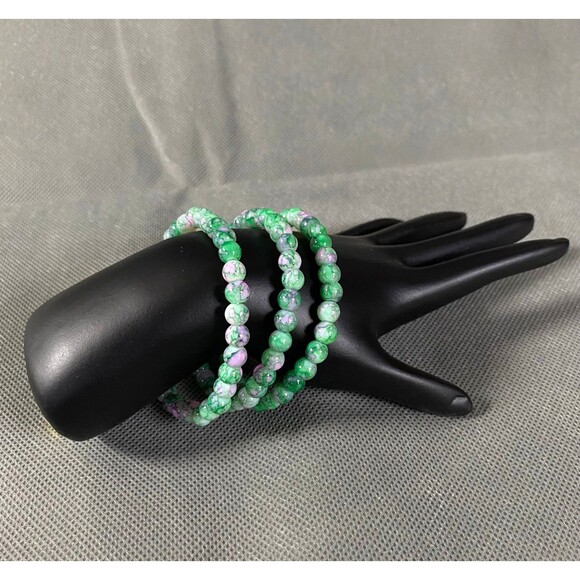 Glass Beads Bracelets Set of 3 Pink Green Marbled Pattern Stretch - Picture 2 of 6